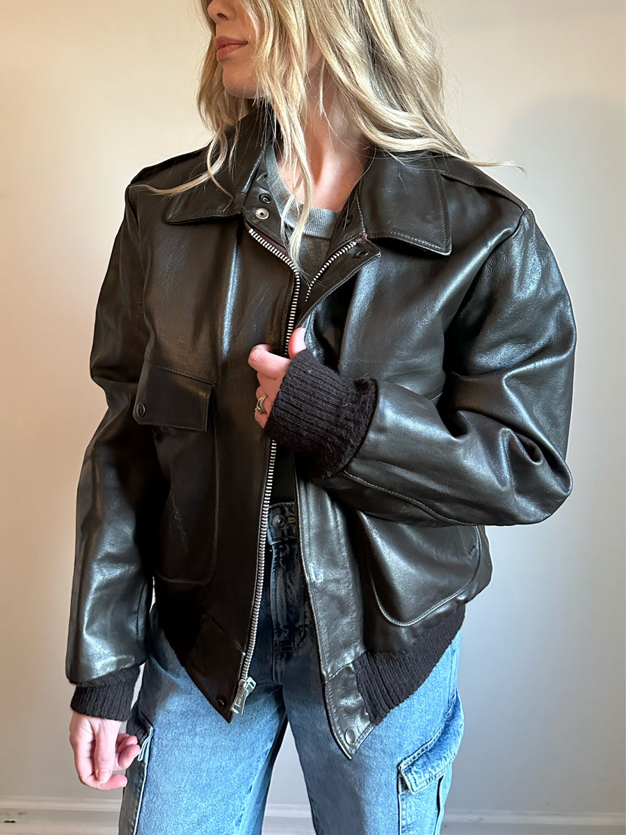 Incredible Vintage Dark Walnut Leather Bomber