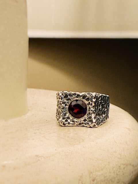 Sterling Hammered Ruby Ring