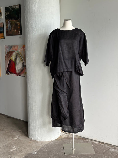 Black Linen Top + Skirt Set