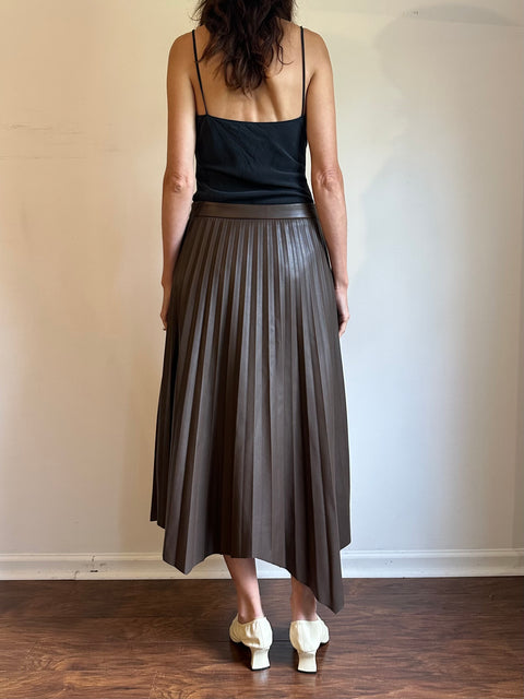 Elie Tahari Faux Leather Brown Pleated Skirt