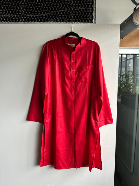 Red Cotton Mandarin Collar Shirt Dress