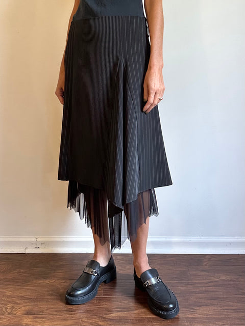 Black Pinstripe Tulle Midi Skirt