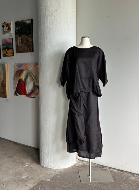 Black Linen Top + Skirt Set