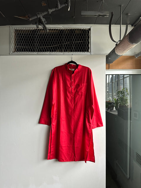 Red Cotton Mandarin Collar Shirt Dress