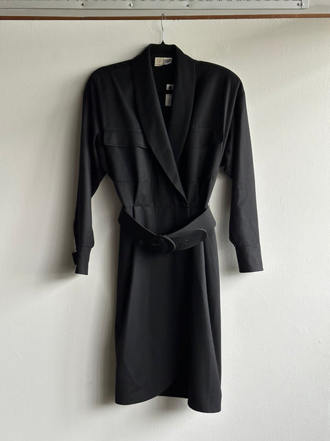Vintage Wool Black Belted Mini Dress