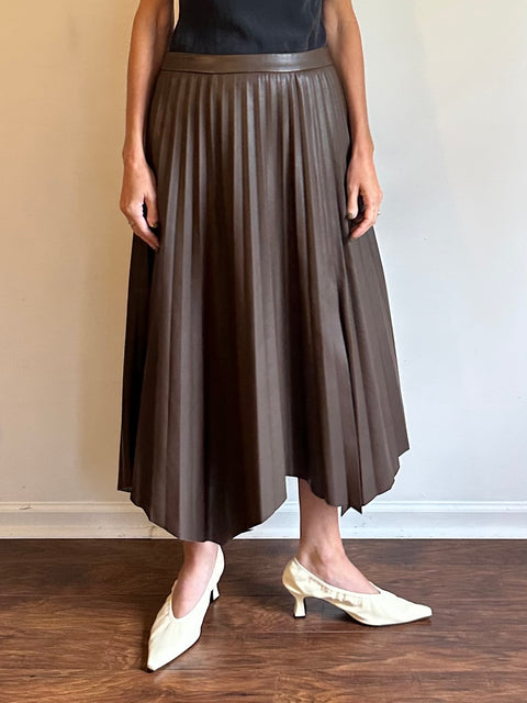 Elie Tahari Faux Leather Brown Pleated Skirt