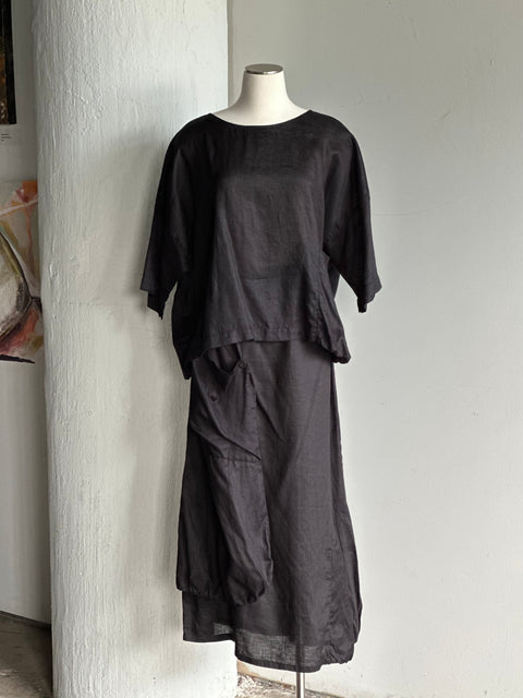 Black Linen Top + Skirt Set