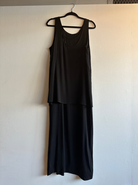 Black Sleeveless Double Layer Midi Dress