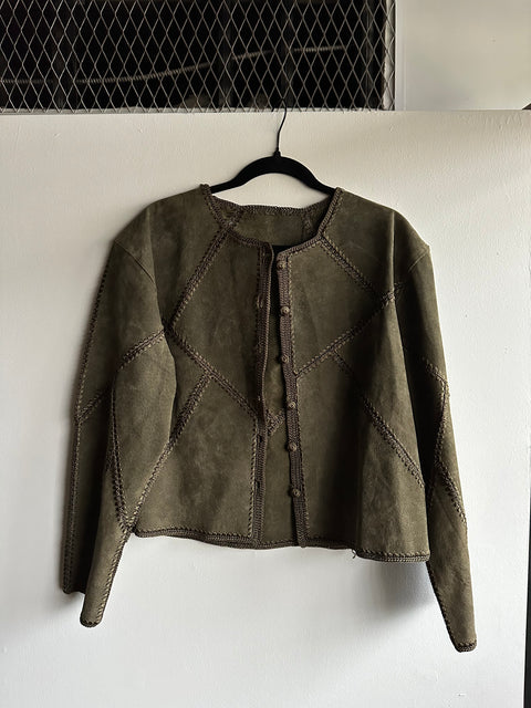 Vintage Olive Leather Embroidered Jacket