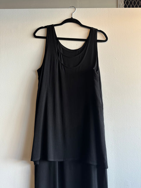 Black Sleeveless Double Layer Midi Dress