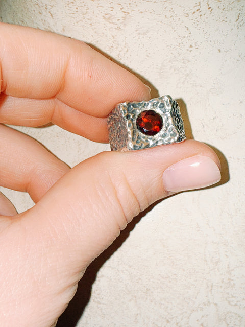 Sterling Hammered Ruby Ring