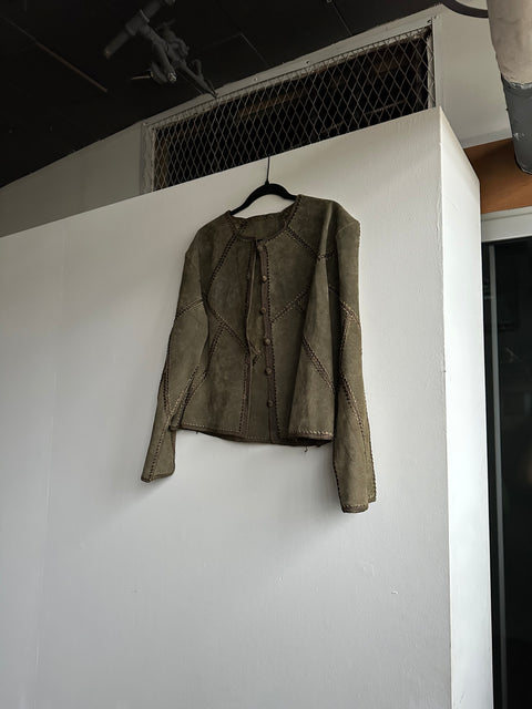 Vintage Olive Leather Embroidered Jacket