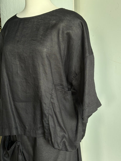 Black Linen Top + Skirt Set