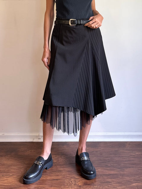 Black Pinstripe Tulle Midi Skirt