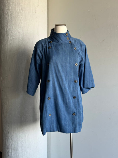 Maria Stanley Blue Cotton Mandarin Collar Shirt