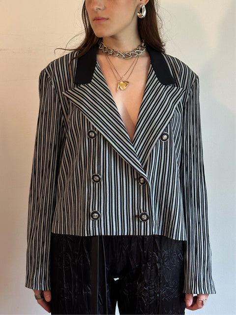 Vintage Black & Grey Striped Cropped Blazer