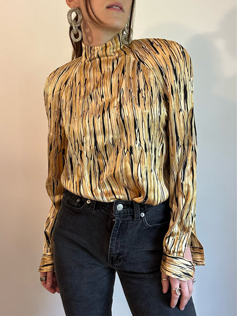 Vintage Gold Silk Abstract Blouse